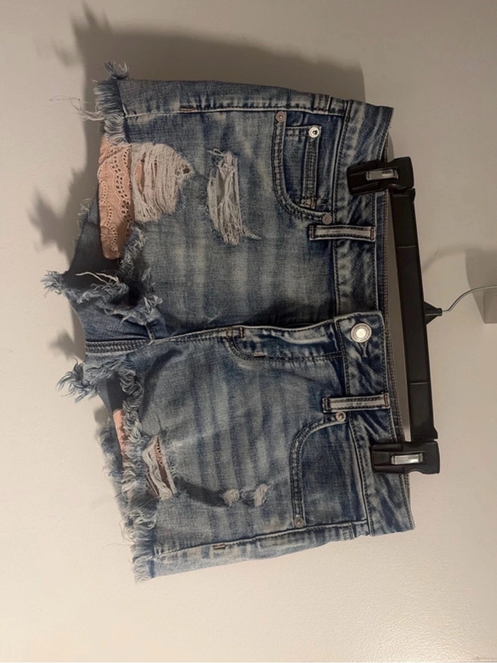 American Eagle Outfitters Distressed Light Blue Denim Shorts with Pink Lace